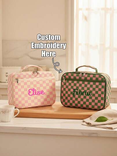This Personalized, Checkerboard Square Outdoor Tote Bag Features Embroidered Details And Can Be Customized With Your Name Or Text. The Two-Tone Checkered Design Makes It A Portable Picnic Bag With Kitchen Storage. It Includes A Practical Front Zippered Pocket, A Fixed Top Handle, And Is Simple Yet Durable. Suitable For Daily Commutes, Office Work, School Trips, Camping, Picnics, And Outdoor Use. A Perfect Gift (Non-Food Contact).