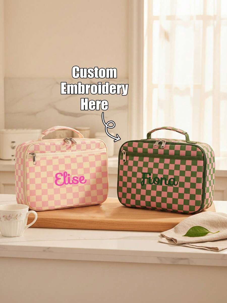 This Personalized, Checkerboard Square Outdoor Tote Bag Features Embroidered Details And Can Be Customized With Your Name Or Text. The Two-Tone Checkered Design Makes It A Portable Picnic Bag With Kitchen Storage. It Includes A Practical Front Zippered Pocket, A Fixed Top Handle, And Is Simple Yet Durable. Suitable For Daily Commutes, Office Work, School Trips, Camping, Picnics, And Outdoor Use. A Perfect Gift (Non-Food Contact). - Multicolor - View 1