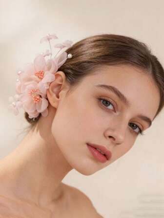 1件手工雪纺白色花朵蕾丝发夹，新娘头饰配饰