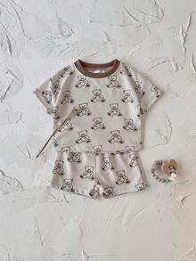 Set de 2 piezas Bebé niño oso impreso camiseta de manga corta de gofre + pantalones cortos, primavera/verano - Albaricoque - Ver 9