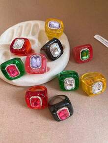 1枚复古树脂方形宽戒圈，镶嵌彩色水晶水钻 - 彩色 - 查看 1