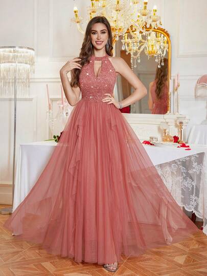 MIUSOL Vestido de noche de gasa plisada con volantes de encaje floral con lentejuelas sin espalda, vestido de fiesta elegante, vestido de noche formal para mujer, vestido de baile, adecuado para invitados de boda, graduación, gala y otras ocasiones formales