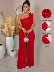 AIJ Amarilo Summer New Fashion Red Women's Ruffled Elastic Textured Jumpsuit - Wide Leg Pants With Pockets - Suitable For Valentine's Day/Outings/Cocktail Parties - Red - View 3