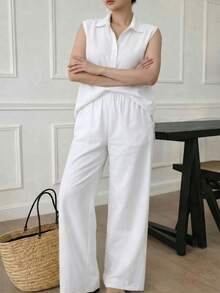 A&DD MODA, REF: AS1923 - Women's Set Consisting Of A Sleeveless Blouse And Pants. The Blouse Has A High V-Neck And Pockets; The Pants Have A Straight Cut, Elastic Waistband And Pockets, Ideal For Everyday Wear, With A Very Casual Style. - 白色 - 查看 6