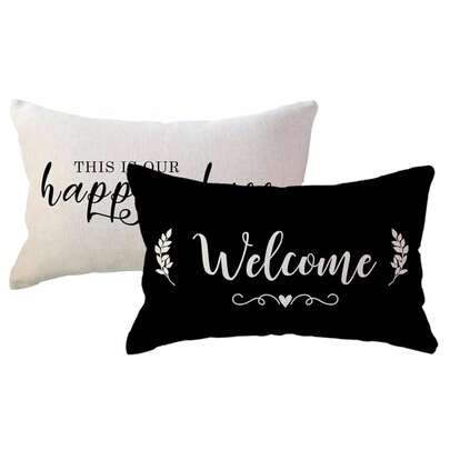 ULOVE LOVE YOURse- 2Pack Welcome To Our Happy Place Decorative Pillowcases Home Quotes Umberss Cushion Covers 12 X 20 Inch Rustic Family Words Farmhouse Decor For Sofa/Couch/Porch (Black)