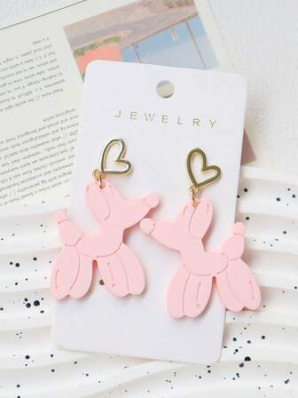 1 par de pendientes de perro globo tallados en acrílico, lindos y divertidos, pendientes de botón con corazón rosa, regalo del Día de San Valentín, joyería para fiestas