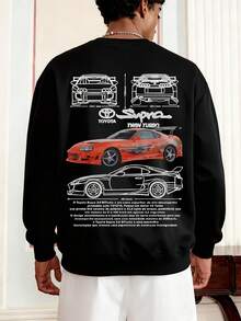Men's Y2K Style Pure Cotton Crew Neck Sweatshirt  Supra Twin Turbo Car Print Automotive Design Classic JDM Vehicle Graphic S To XL Long-Sleeved Round-Neck Sweatshirt Loose Fit Casual Sportswear Thick Fabric Very Suitable For Autumn And Winter Gifts High-Quality Men's Clothing - Negro - Ver 2
