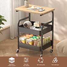 3 Tier Metal Rolling Cart With Wooden Tabletop, Metal Rolling Kitchen Island Cart, Utility Cart Vegetable Storage Rack With Lockable Wheels For Kitchen, Office, Living Room, Bedroom - 黑色 - 查看 5