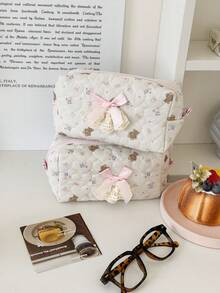 泰迪熊甜美蕾丝蝴蝶结化妆包，柔软面料，可爱甜美风格，适合日常使用、居家、旅行，男女通用洗漱包 - 彩色 - 查看 3