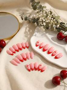 Express Your Love With 24pcs Almond Stiletto Acrylic Press On Nails Kit Red And White Cherry, Flower, Bow And Polka Dot Full Coverage Fake Nails Gel Nail Polish Nail Art Nail Suppliy Salon At Home Nail Art DIY For Women And Gilrls Valentine's Day - Pink - View 3