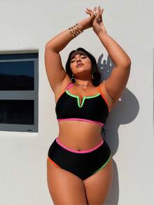 Fashionable Women's Two-Piece Swimsuit Set With Color-Coated Trim, Featuring A Sexy Deep V-Neck Design With Halter Neck And Strapless Style. Plus-Size, Suitable For Sports, Outdoor Activities, Beach Leisure, Hiking, Sunbathing, Photoshoots, And Water Play. - màu đen - Xem 2