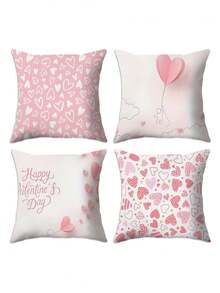 4Pcs Valentine's Day Romantic Pink Heart Throw Pillow Cover - Soft Polyester, Zip Closure, Machine Washable For Sofa & Bedroom Decor (Pillow Not Included) - Pink - View 7