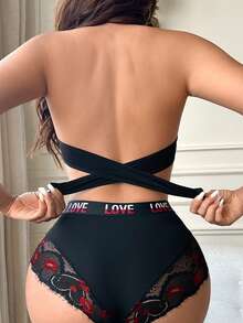 1pc Women Strapless & Unpadded Bralette Set, Comfortable Soft Contrast Lace Design, Women Lingerie Set - Black - View 2