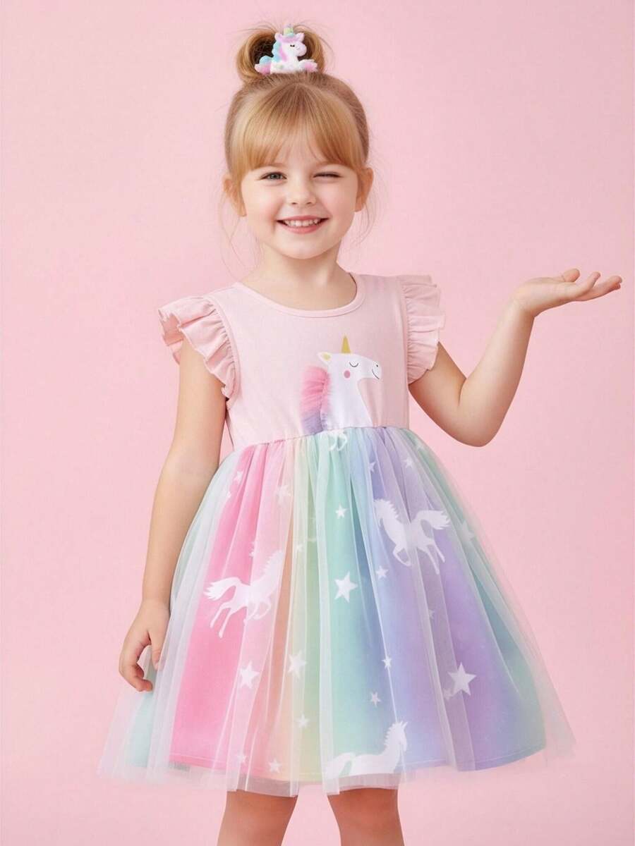 Young Girl's Colorful Unicorn Printed Mesh Dress With Ruffle Hem For Summer