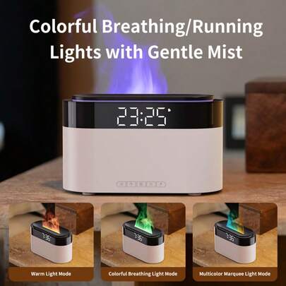 1pc 150ml 7 Colors Lighting Flame Ultrasonic Aroma Diffuser With Digital Clock, Remote Control, Aromatherapy Diffuser Machine, Portable USB Essential Oil Desktop Diffuser Air Humidifier, Ideal For Home & Office Decor