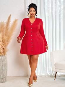 BIUBIU Đầm dài tay cổ chữ V màu đỏ cỡ lớn, có cúc và túi, chất liệu vải dệt kim, dáng xòe đến đầu gối. - Đỏ sáng - Xem 5