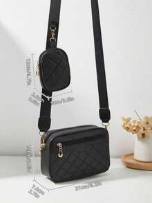 2pcs Small Square Shoulder Bag, Quilted Diamond Pattern Crossbody Bag, Coin Purse - Black - View 6