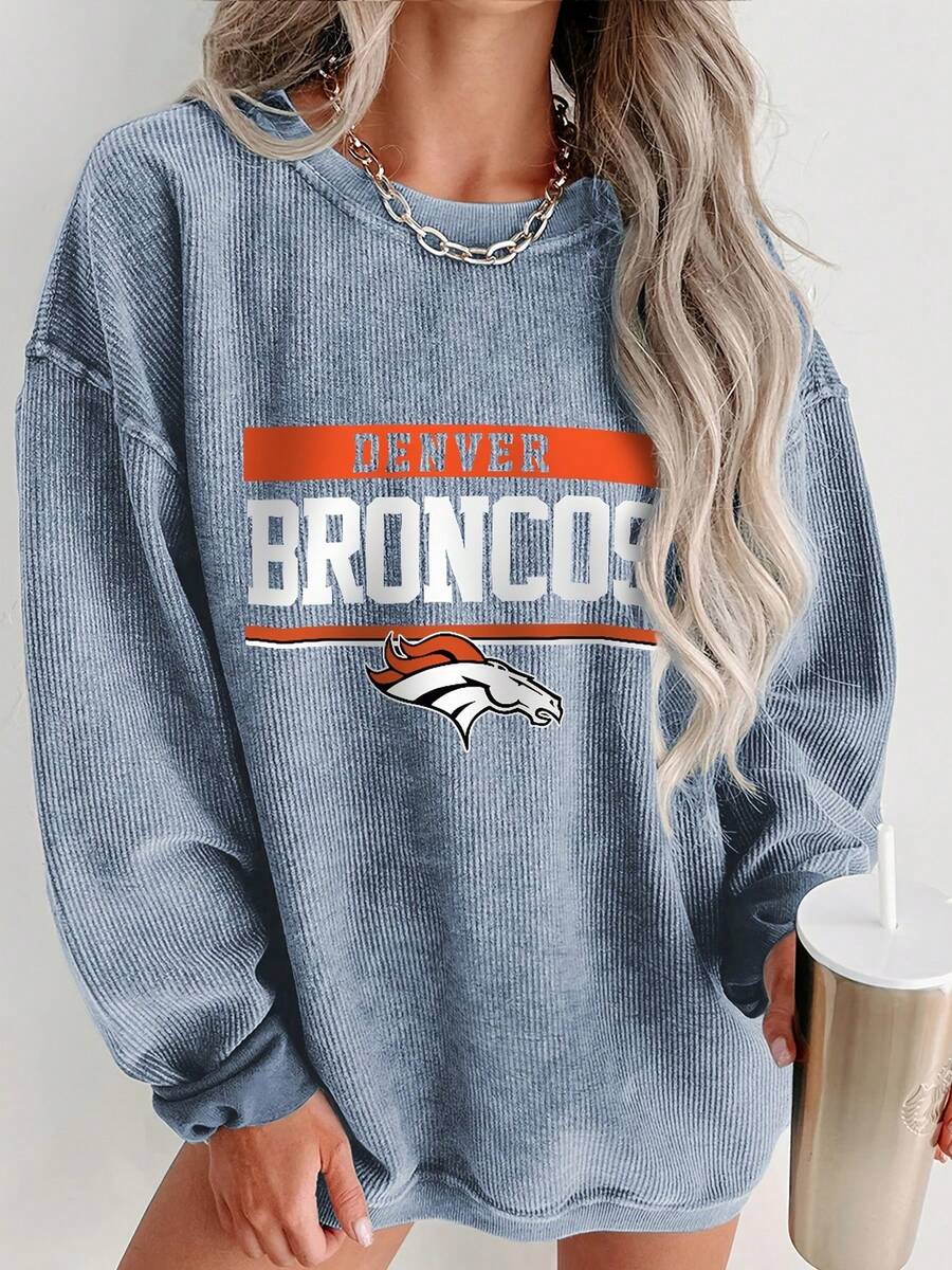 Valentine's Day, Denver Broncos Logo, Oversized Crewneck Long Sleeve Sweatshirt, Casual Sportswear, Cozy Match Day Outfit,Essentials Hoodie - 藍色 - 查看 1