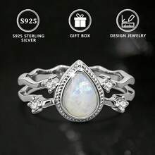 1pc S925 Silver Teardrop Shaped Synthetic Opal Women's Ring - Silver - View 2