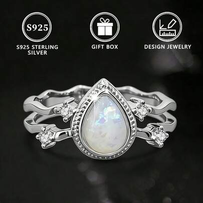 1pc S925 Silver Teardrop Shaped Synthetic Opal Women's Ring