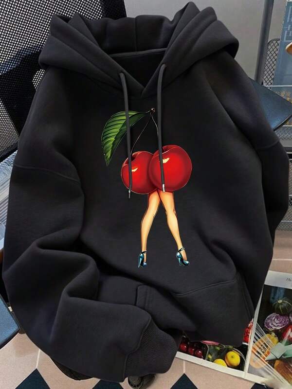 Sudaderas de Mujer Sudadera con capucha de mujer de manga larga con cuello redondo, estampado de cerezas y personajes, estilo Harajuku divertido