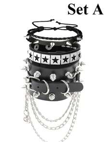 1/3/4件套朋克摇滚铆钉骷髅星形手链套装，尖刺铆钉袖口手链，PU皮套摩托车链手链，男女通用80、90年代腕带，链条手链，黑色哥特蒸汽朋克风格，可调节，时尚复古配饰，万圣节派对礼物 - 黑銀色 - 查看 21