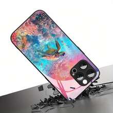 Hermosa Funda de Teléfono de Vidrio con Patrón de Tortuga Marina Submarina y Protección de Lente para iPhone 16ProMax/15Pro/14Plus/13/12/11ProMax, Diseño de Moda, Cubierta Protectora de Alta Gama - Colores mixtos - Ver 1