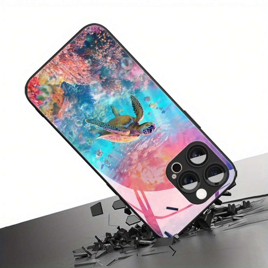 Hermosa Funda de Teléfono de Vidrio con Patrón de Tortuga Marina Submarina y Protección de Lente para iPhone 16ProMax/15Pro/14Plus/13/12/11ProMax, Diseño de Moda, Cubierta Protectora de Alta Gama - Colores mixtos - Ver 1