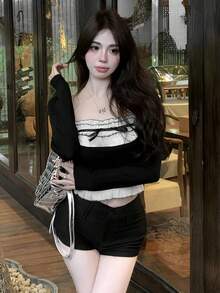 女士系带二合一长袖T恤，荷叶边方领修身时尚短款上衣 - 純黑 - 查看 5