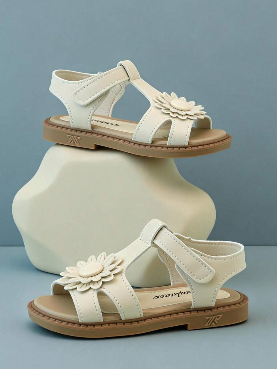 1 par de sandalias decoradas con margaritas blancas para niñas, de piel sintética, con tira cruzada y tira de tobillo antideslizante, de estilo dulce y fresco, artículo popular con alta valoración, diseño de moda, suela blanda, cómoda, sandalias ideales para niños en vacaciones - Beis - Ver 1