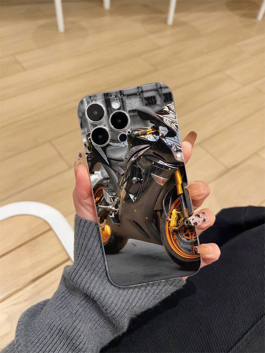 Thick Transparent Anti-Drop UV Painted Pink TPU Phone Case With Cool Black Motorcycle Graphic Design, Compatible With IPhone 17/17 Air/17 Pro/17 Pro Max, 16/16 Plus/16 Pro/16 Pro Max, 15/15 Plus/15 Pro/15 Pro Max, Galaxy S25 Ultra, S24 Ultra, S22, S21 Ultra, S21 FE 5G, S23, S23+, S23 Ultra, S24, A13 5G Series, Provides Lens Protection And Can Be Used As A Protective Cover, Suitable As A Gift For New Year, Christmas, Halloween Or Valentine's Day - Multicolor - View 1