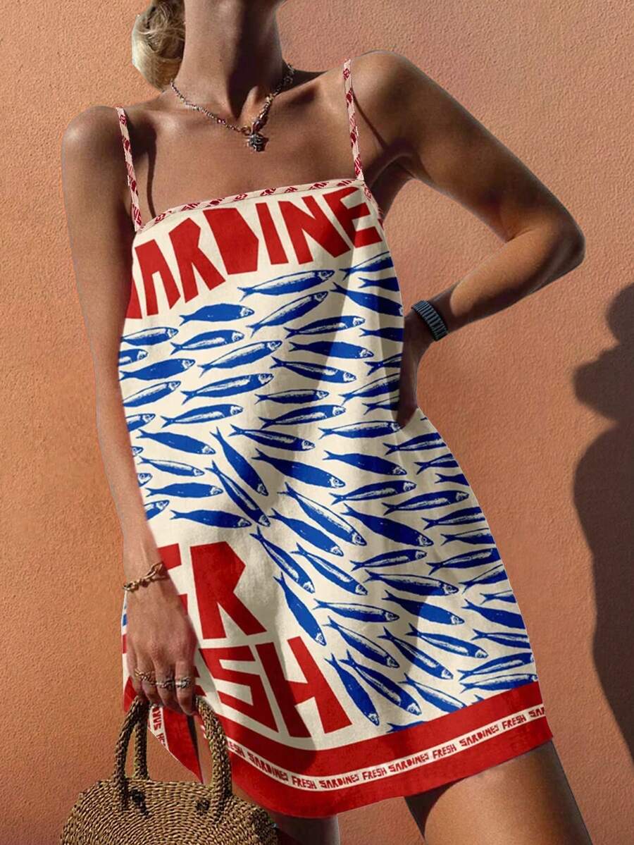 Sea Starshine Bohemian Style Beach Casual Versatile Strap Letter & Sardine Print Vacation A-Line Dress For Women, Spring/Summer
