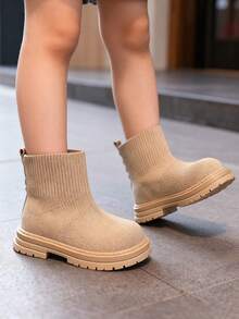 Un par de Liso Casual Tejido de Lana Detalle de Cremallera Trasera Botines de Niño Para Jugar y Salidas Familiares Otoño e Invierno Suela Gruesa Antideslizante - Caqui - Ver 3