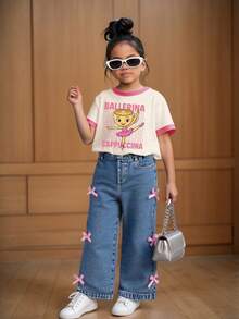 女童撞色袖口短袖上衣和蝴蝶结牛仔裤 - 杏色 - 查看 1