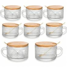8-Piece Set Vintage Glass Tumblers, 2 Styles Available, Perfect Gifts For Women, 16oz Clear Embossed Cups With Bamboo Lids And Spoons, Ideal For Overnight Oats, Cute Coffee Bar Accessories, Iced Coffee Glasses - 透明 - 查看 12