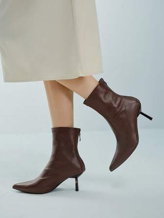 Fall/Winter 7cm High Heel Brown Ankle Boots & Short Boots, Comfortable & Fashionable Pointed Toe Elastic Slim Boots For Women,Elegant,Kitten Heels