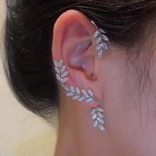 Single Ear Leaf Inlaid Diamond Ear Cuff Non-Pierced Women's Ear Hook Alloy Ear Cuff Ear Hook Jewelry - 銀色左 - 查看 9