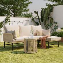 Garden Lounge Set, Garden Furniture Set, Garden Lounge With Iron Frame And Beige Rope Cover, Woven Rope Garden Furniture For Outdoor Use, L-Shaped Conversation Set With Table, Beige - 米色 - 查看 3