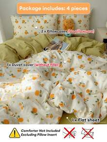 2026 Valentine's Day New Mandarin Orange Print 4-Piece Bedding Set, Warm And Fresh Fruit Pattern, Washed Microfiber, Women's Bedroom Decor, Valentine's Day Gift (1 Duvet Cover + 2 Pillowcases + 1 Flat Sheet), Excludes Comforter, Pillowcase Pattern Randomly Cut - Yellow - View 5