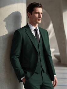 6pcs Men's Slim Fit Hunt Green Suits Tuxedos Double Breasted Multicolor Blazer Vest And Pants With Tie  Brooch And Pocket Square, Prom Suits For Men Wedding Grooms - 墨綠色 - 查看 8