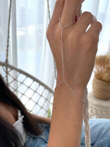 1枚女士珍珠链戒指，简约时尚新娘婚礼手部装饰，百搭配饰 - 銀色 - 查看 5