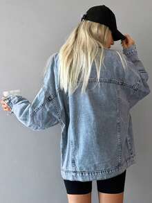 Women's Soft Oversized Denim Jean Jacket, Women's Spring Fashion Light Blue Comfortable Pocketed Outwear, Timeless Light Wash Relaxed Zip-Up Sports Jacket For Daily Layering, Western & Valentine/Christmas/New Years Outfit, Women Curve-Flattering Spring Summer Holiday Gift - 藍色 - 查看 2