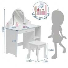 Tocador Infantil 2 en 1 con Espejo Iluminado | Mesa de Maquillaje para Niñas 3-9 Años con Cajón, Estantes y Banco - Color: Blanco (con accesorios) - Ver 5