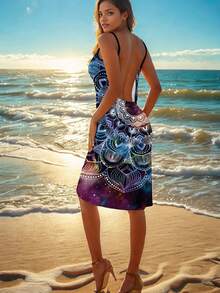 Women's Casual Sleeveless Knit Fabric Coverup, Mandala Print, Regular Length, Suitable For Summer Beach Wear - Multicolor - View 3