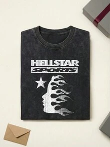 Hell Star Sports Flame Face Graphic Tee Unisex Couple Matching Boyfriend Style Hell Star Y2K Grunge Aesthetic Pixelated Print Acid Washed Cotton Graphic Tees Men Oversized T Shirt Summer Outfits Camisetas Para Hombre - màu đen - Xem 2