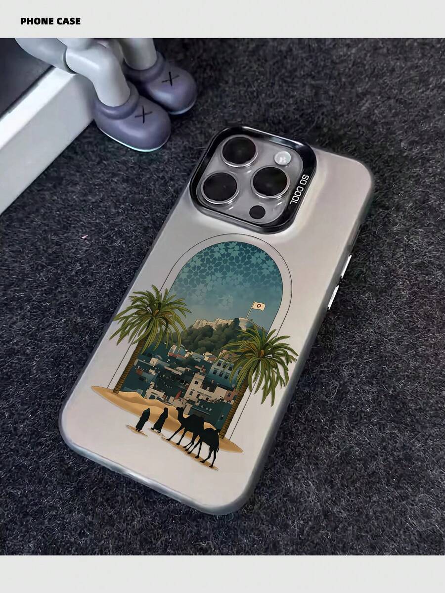 Middle Eastern Desert Scene Phone Case - Artistic Arch Window View Of Palm Trees, Camels & Traditional Cityscape With Islamic Geometric Pattern Background, Cultural Landscape Design On Matte Gray Hard Shell Cover Compatible With IPhone 14/15 Pro Max, Compatible With IPhone 16, Galaxy A05, A05S, A06, A14, A15, A16, A32 4G, A33 5G, A34, A35, A52, A52 5G, A54, Redmi, OPPO, VIVO - Multicolor - View 1