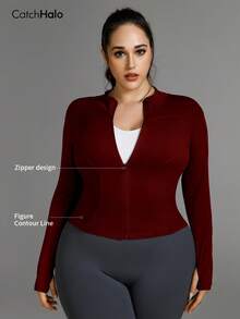 Plus Size Women Full Zip Sports Jacket, Solid Color Slim Fit High Elasticity With Thumb Hole, Suitable For Commuting, Yoga, All-Day Wear - Red - View 5