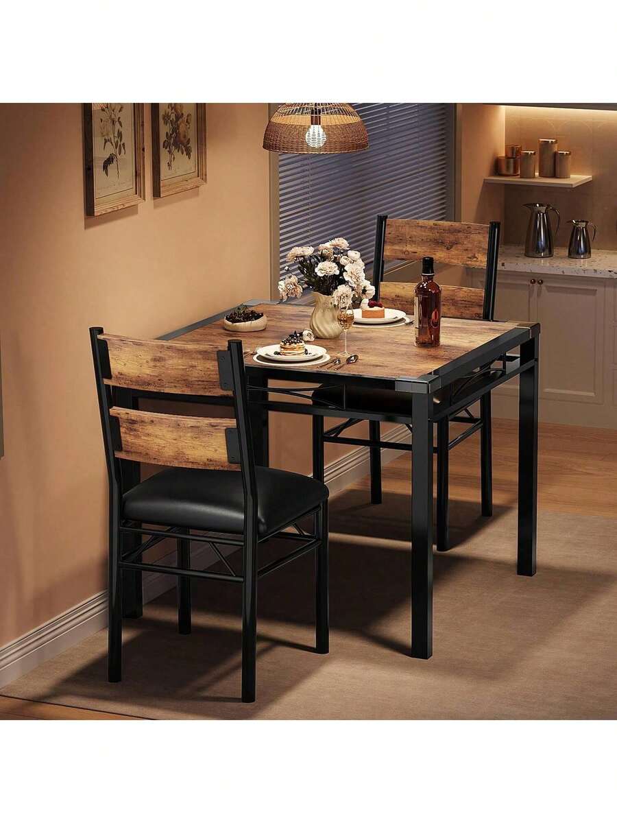 Mesa de comedor con 2 sillas tapizadas, mesa de cocina con protector de esquina, sillas de mesa de cocina de madera para pequeño espacio, comedor, apartamento - Marrón - Ver 1
