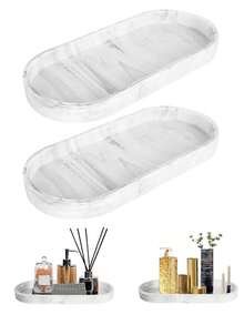 2个白色大理石椭圆形装饰托盘，浴室梳妆台收纳托盘，浴缸和厨房水槽置物架，家居浴室装饰，浴室储物架，秋季装饰，化妆品收纳架，返校必备 - 彩色 - 查看 2