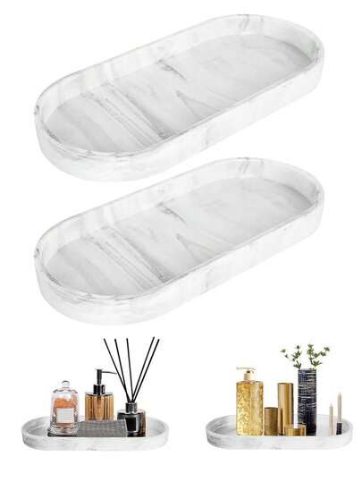 2/Pcs White Marble Oval Decorative Tray, Bathroom Vanity Storage Tray, Bathtub And Kitchen Sink Organizer, Home Bathroom Decor, Bathroom Storage Rack, Autumn Decoration, Cosmetic Storage Rack, Back-To-School Essential.